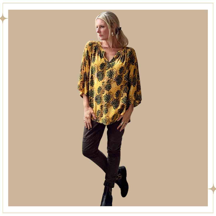 JAMILA blouse - Yellow/Green Monstera