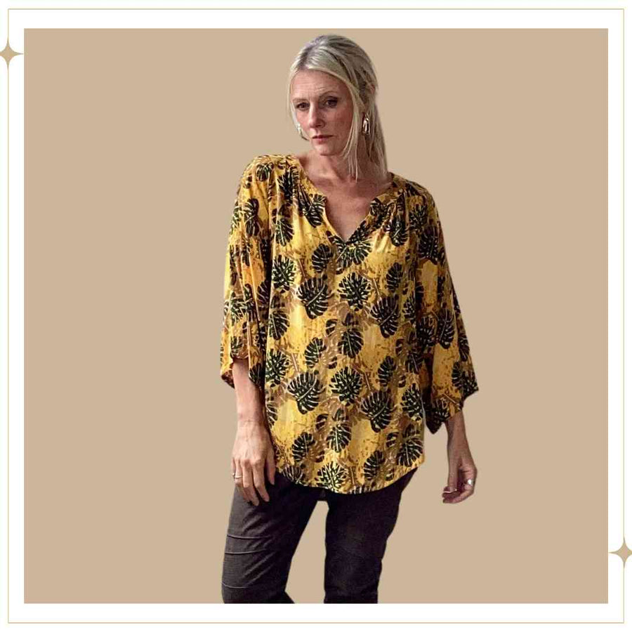 JAMILA blouse - Yellow/Green Monstera