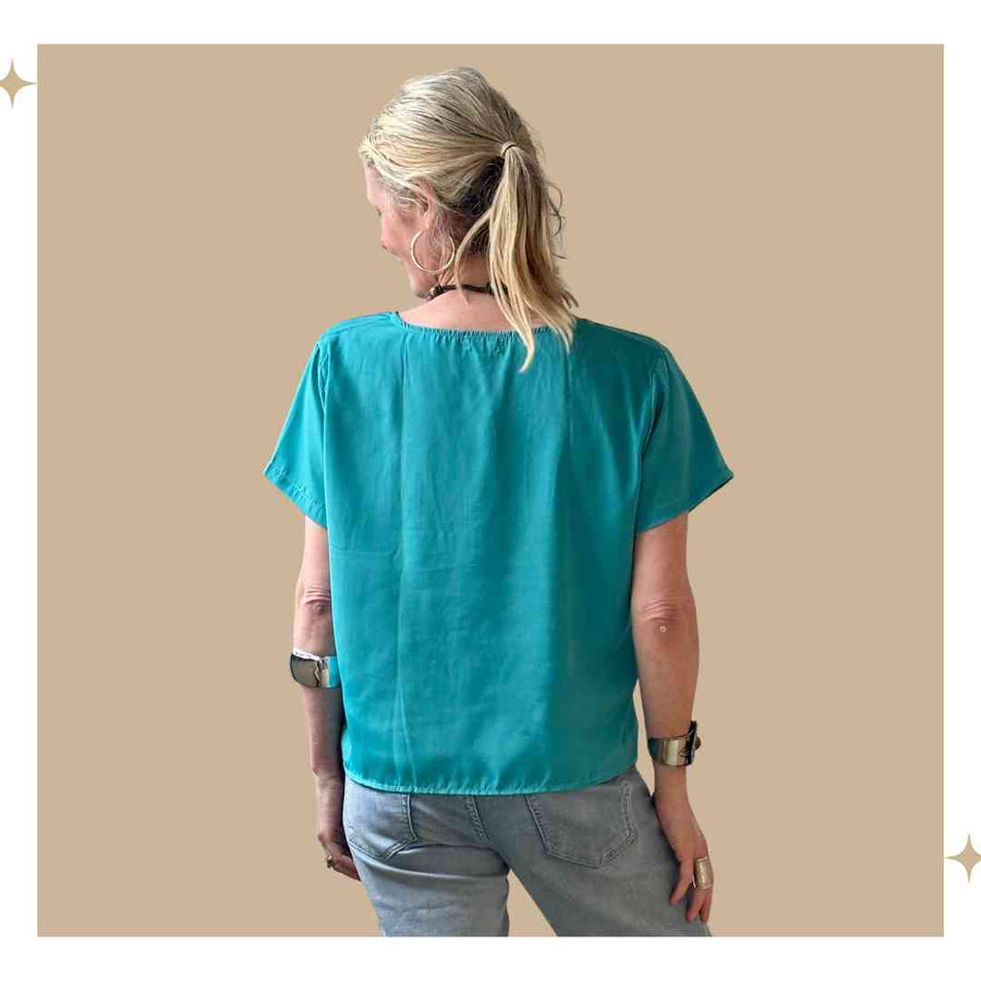 SALMA Button Blouse - Aqua Satin Sheen