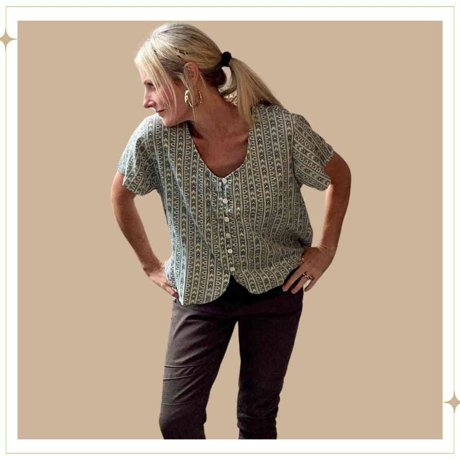 SALMA Button Blouse - Blue Hearts
