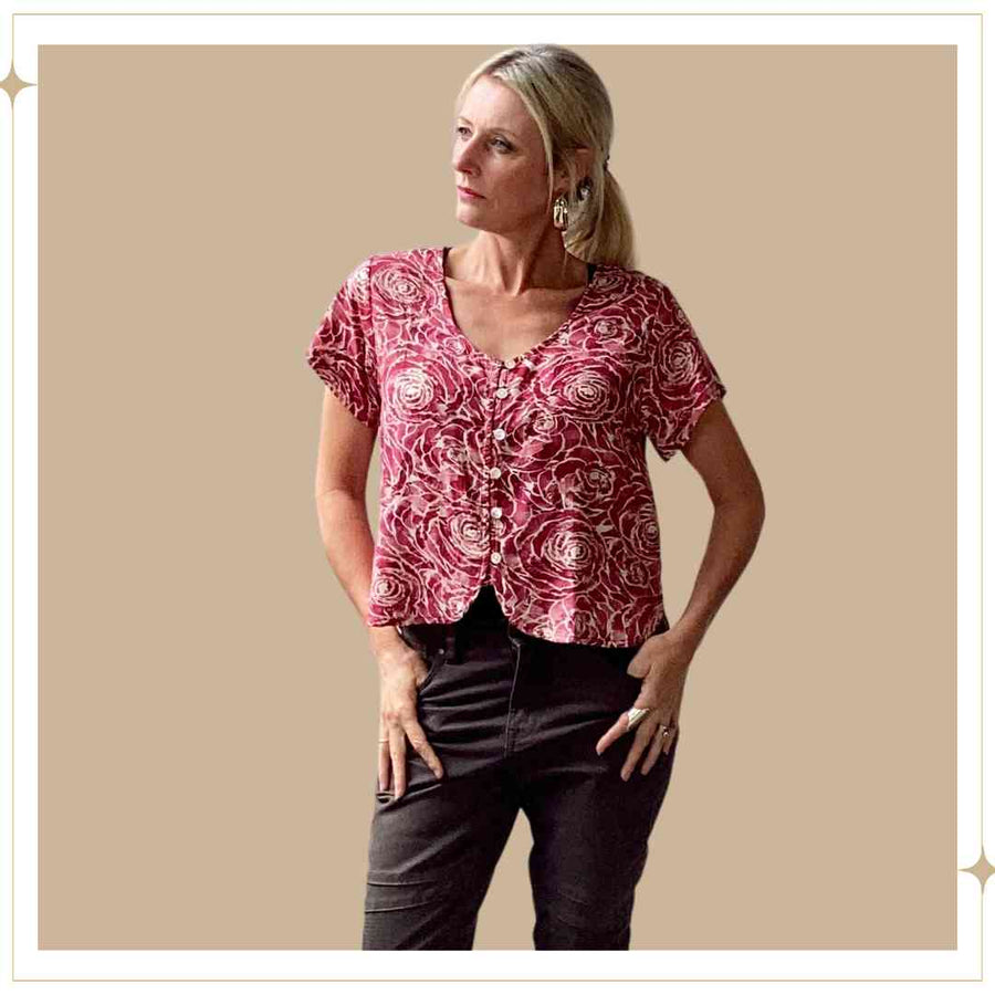 SALMA Button Blouse - Red Rosette